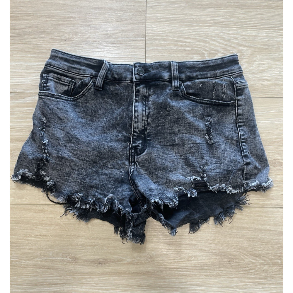 KanCan Black Denim Size XL Cotton Stretch Shorts Raw Distressed Hem High Junior